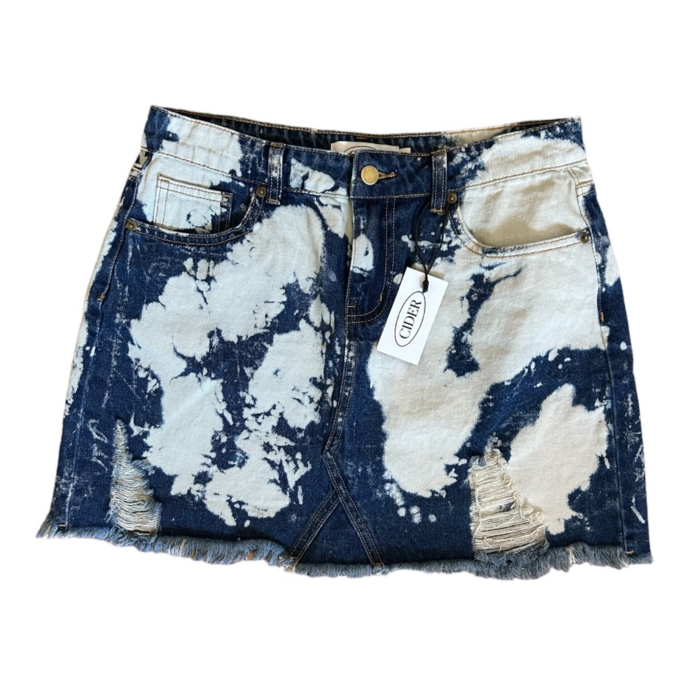 NWT Cider mini jean pleated skirt distressed adorable New size L 30”W x 15 1/2”